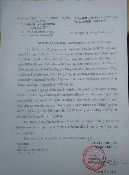 Đề nghị xử lý vi phạm của Công ty Cổ phần Phát triển Quốc tế Phú Hưng vì không có giấy phép XKLĐ mà thu tiền, tuyển lao động